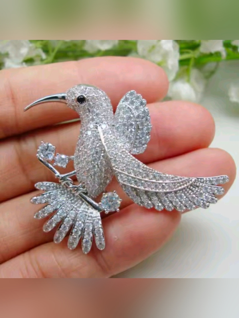 Silver Crystal Hummingbird Brooch - Picture 3 of 5